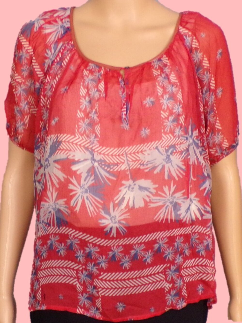 SILK! JOIE size XS orange/purple/buff short-sleeve pullover blouse 100% silk DC